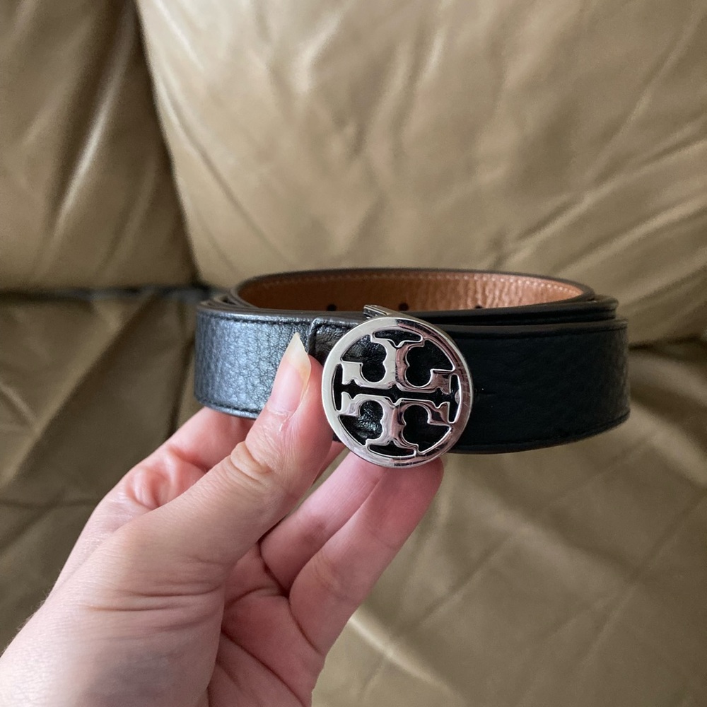 Tory Burch Black Leather Belt with Silver Logo Buckle